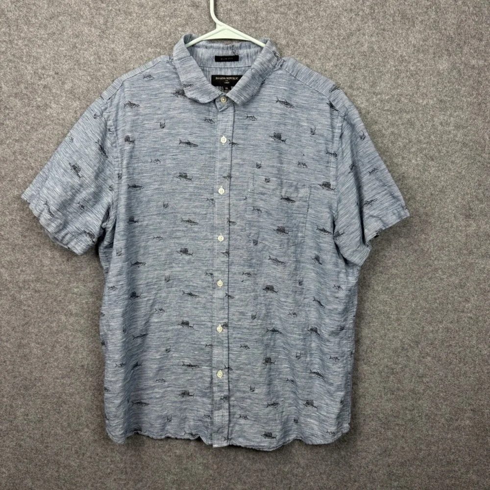 Banana Republic Mens XL Blue Linen Cotton Shark Print Slim Fit Button Down Shirt